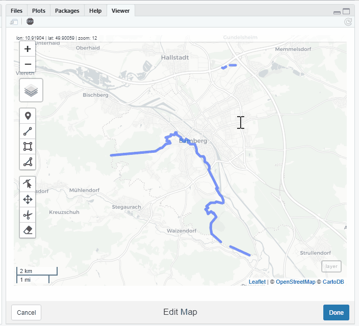 screenshot of MULTILINESTRING editing